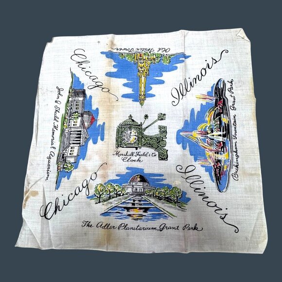 Vintage Chicago Illinois City State Landmarks RARE Souvenir Handkerchief READ - Picture 1 of 13
